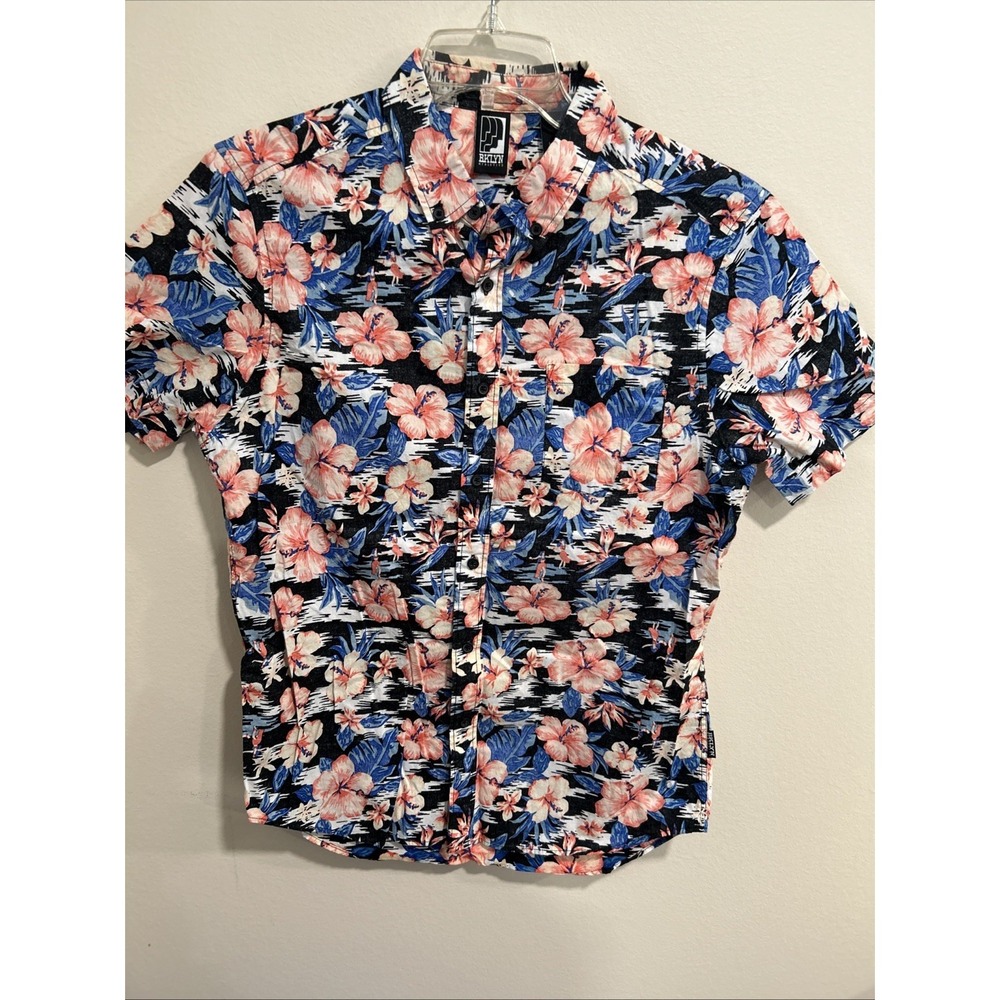 bklyn athletics Large Floral Hawaii Button‎ Down Shirt Tight Fit Blue Pink